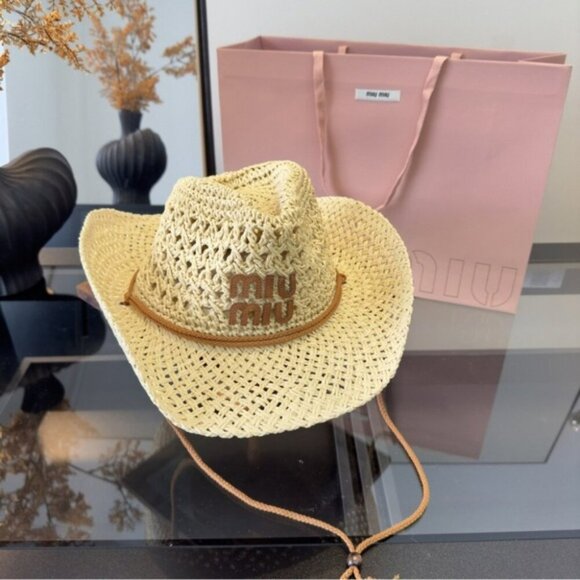Miu Miu Straw Hat Woven Raffia Summer Beach Sun Hat Designer Chic - Picture 5 of 9